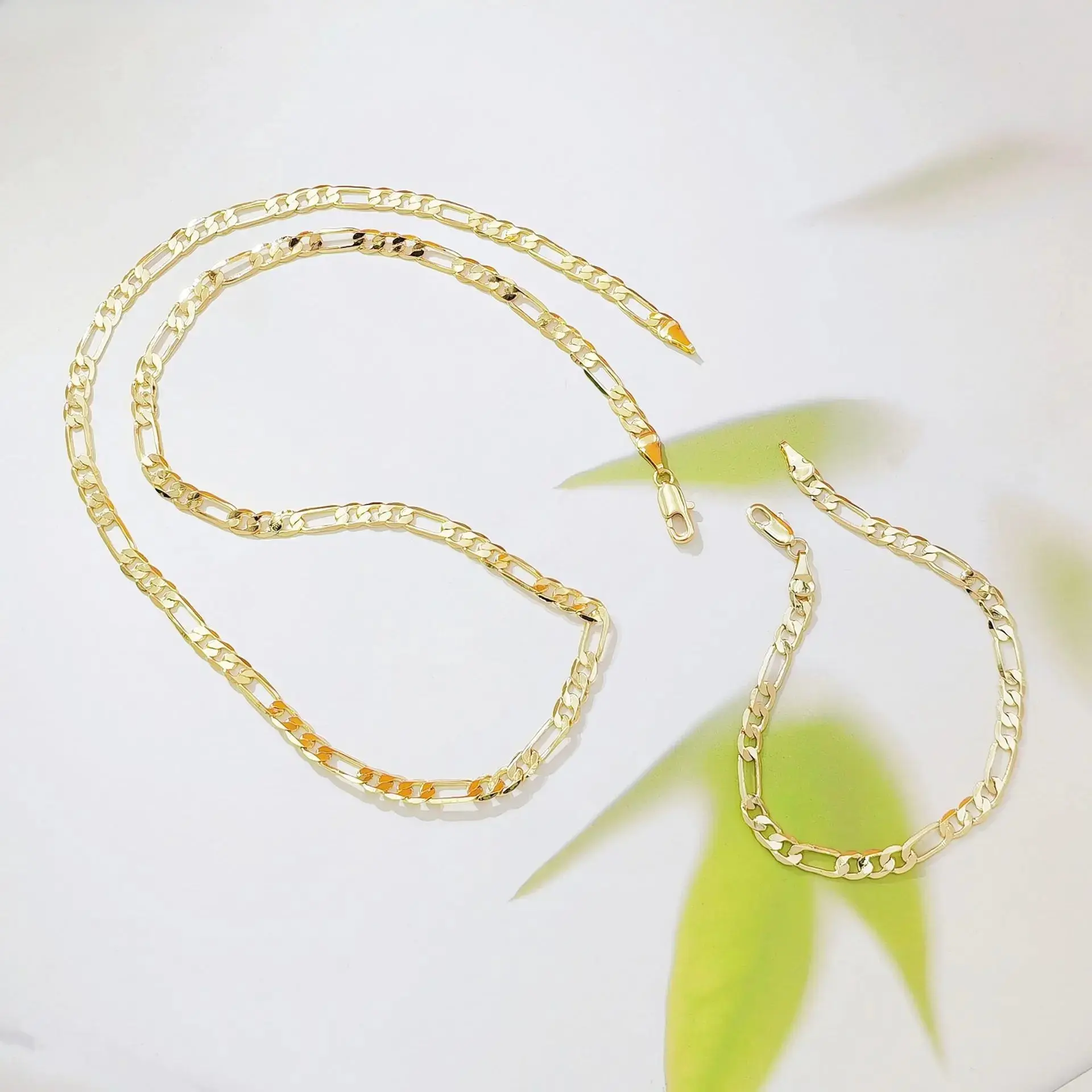 18K Gold Plated Figaro Chain Necklace & Bracelet Set, Classic Flat Link Unisex Hip Hop Wrist Jewelry