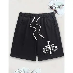Men’s Faith-Inspired Quick Dry Shorts with “JESUS SAVED MY LIFE” & Nail Cross Print, Bold Christian Statement Graphic, Ultra-Breathable Ice Silk Fabric with Elastic Drawstring Waist, Lightweight Casual Athletic Shorts with Side Pockets for Gym, Running, C