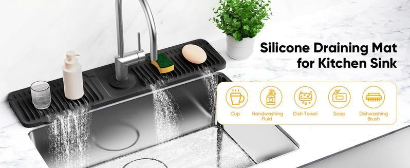 Kitchen Sink Faucet Mat, Silicone Folding Splash Guard, Draining Mat with Button Lock, Sink Faucet Protector, Sink Accessories for Kitchen