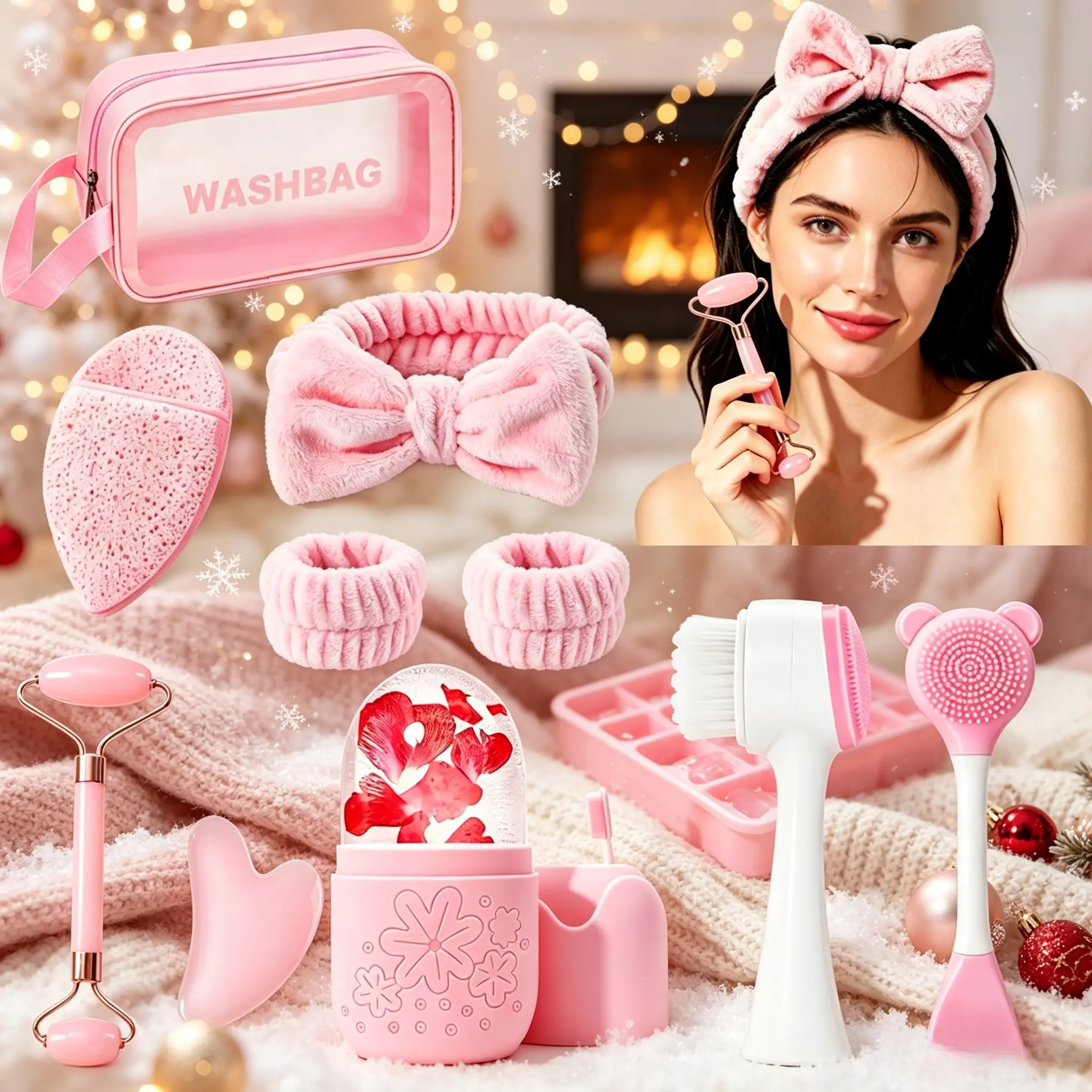 10-piece home spa bundle for ladies, soft pink washing headbands & wristbands plus washbag, gua sha and massage comb. Breathable gentle fabric for cleansing, facial scraping & scalp relief, ritual spa-themed present for all women.