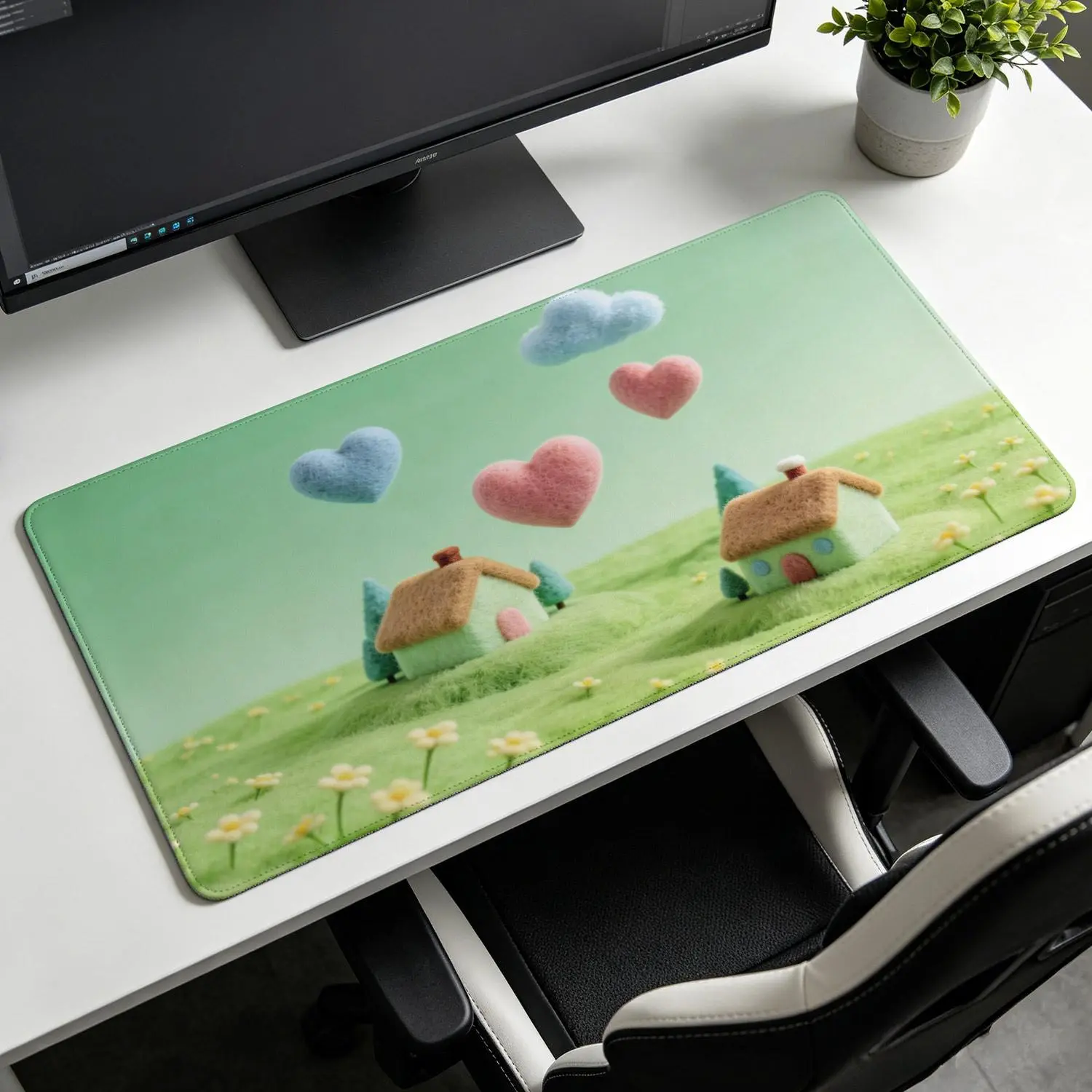 Extra Large felt wool house and heart scenery Mouse Pad， Non Slip Rubber Pad， Desktop Decoration Drotection Pad， Washable， Lock Edge Multi Size， Premium Multipurpose Mousepad For Home， Study， Gift for Family and Friends.