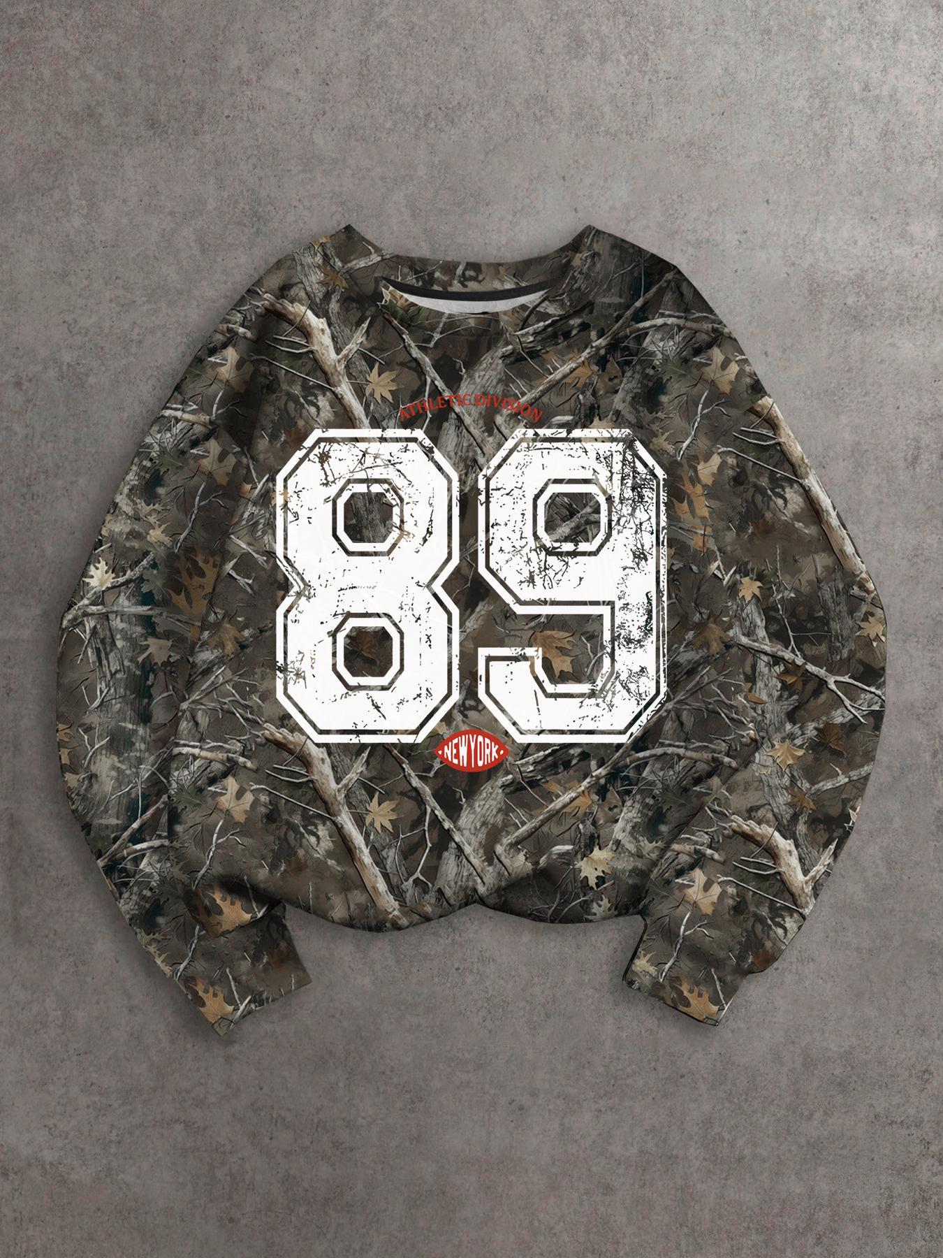 Unisex's All Over Plants Print Sweatshirt, Camouflage Streetwear, Regular Fit Casual Long Sleeve Round Neck Pullover for Fall & Winter, Unisex's Clothes for Daily Wear