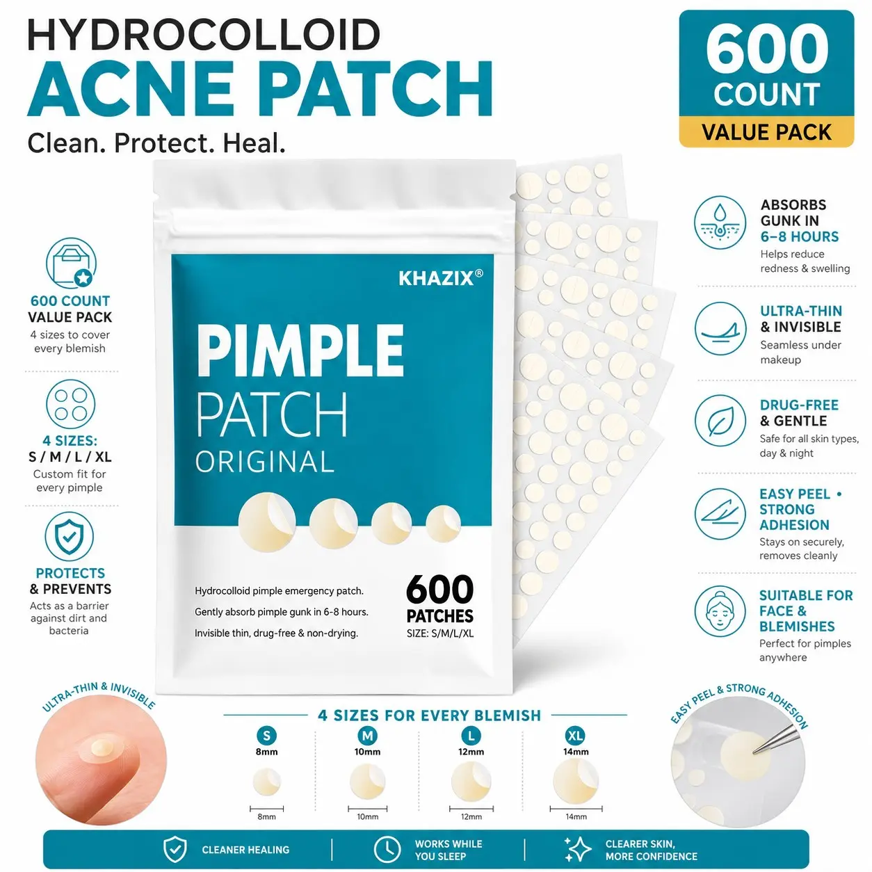 600pcs Hydrogel Patches, Invisible Blemish Covers, Lightweight Comfort, Facial Cleansing, Pore Minimizing, Adult Skincare, Elegant Packaging