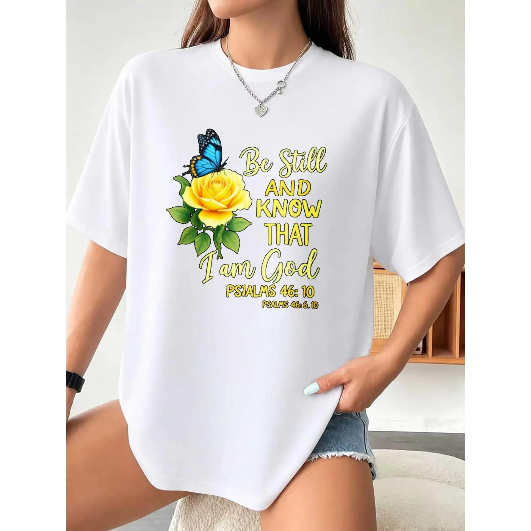 Plus Size - Religious, Women'S Oversized 100% Crew Neck T-Shirt, Be Still And Know That I Am God with Yellow Rose And Butterfly Design, Psalm 46:10, Casual Wear for Spring And Summer, Gift for Faithful Women And Christian Lovers