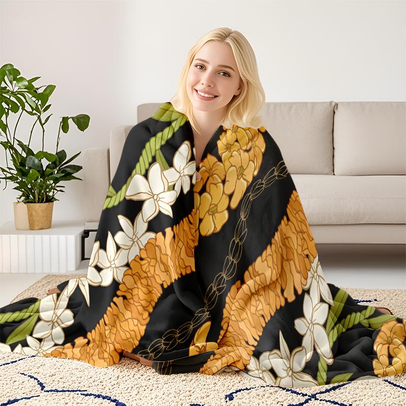Hawaiian Plumeria & Puakenikeni Blanket: Vibrant Tropical Lei Design Throw With Island Vibes, Ultra Soft Plush Fleece Blanket Printed In USA For Luau Lovers