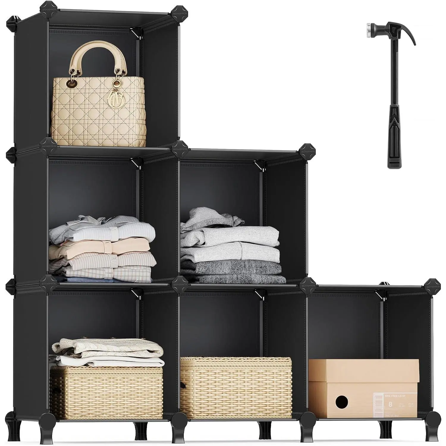 6 Cube Storage Organizer, Modular Bookshelf, Plastic Shelves | DIY Closet Organizers and Storage, with  and Rubber Mallet, Black, ULPC06H