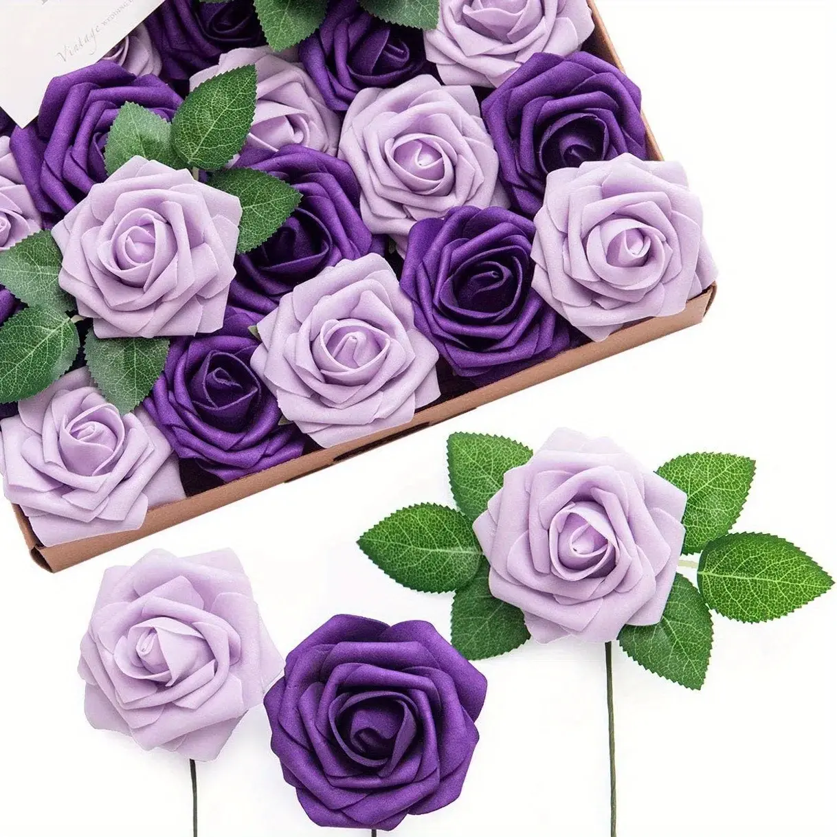 25pcs Lilac & Purple Artificial Roses Decor W/Stems, 3.15inch Real Touch DIY Foam Floral for Wedding Bouquet/Centerpieces, Outdoors Party Backdrop, Room/Table, and Garden Pot Decor