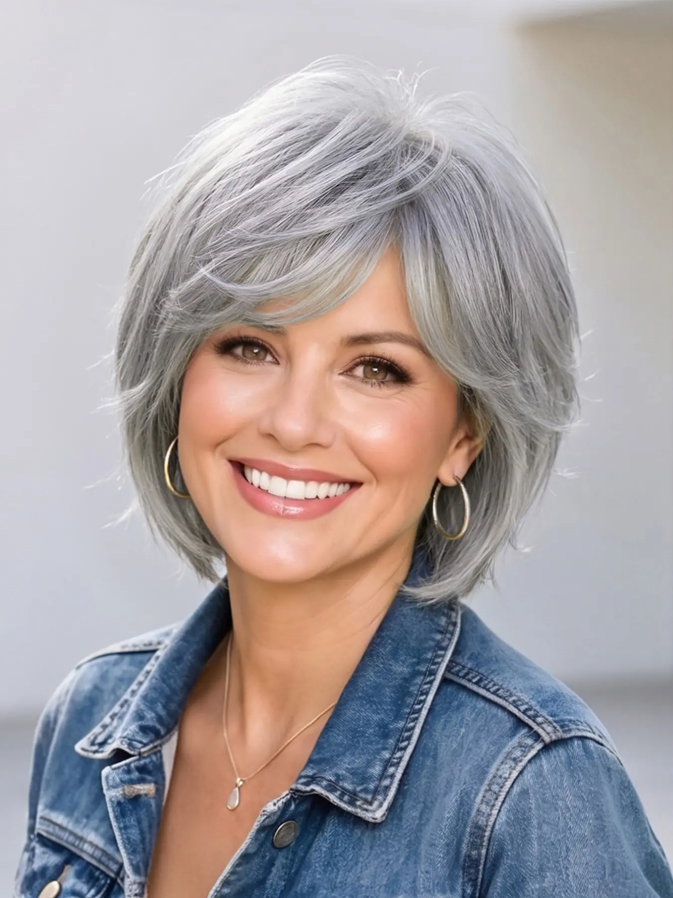Pixie Cut Silver Gray Layered Short Bob Wig For Middle Aged Women Short Bob Straight Wig With Bangs Side Part Synthetic Fiber Wig With Bangs Natural Gray And White Color Bob Cut Wigs for Women for Daily Life Party or Cosplay Use