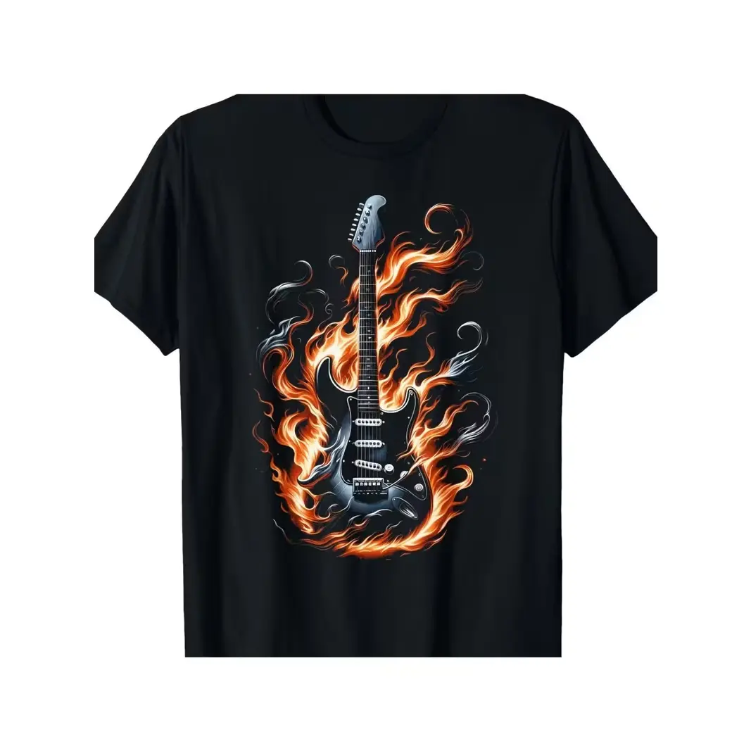 Men's Black Electric Guitar & Flame T-Shirt - Tee Suitable for Music Fans, Loose Fit Round Neck Short Sleeve, Breathable All-Season Shirt with Burning Guitar Design for Concerts & Casual Wear
