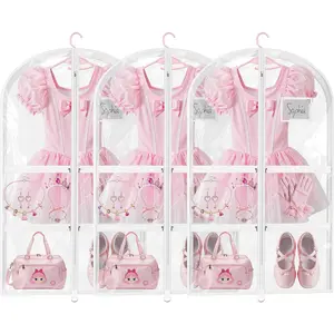 3 Pack Clear Dance Garment Bags for Dancers, 40" Waterproof Dustproof Dance Costume Bags for Hanging Clothes with 5 Large Zipper Pockets for Dance Competition, Suitable for Dress, Uniform