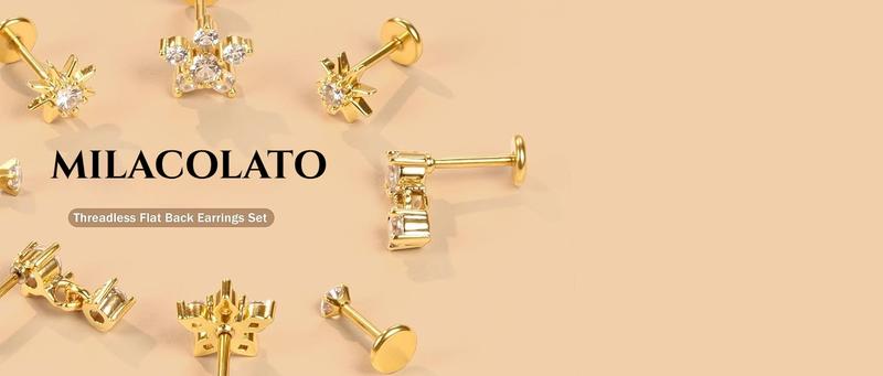 MILACOLATO Threadless Flat Back Earrings Studs 316L Surgical Steel Push in Nose Studs Rings CZ Tragus Cartilage Helix Conch Labret Lip Nostril Medusa Piercing Jewelry Hypoallergenic 20G 18G 16G