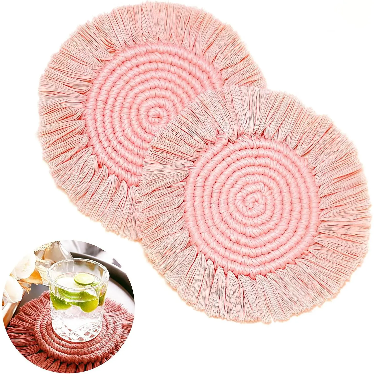 Boho Coasters Set of 2, Cute & Absorbent Drink Coasters for Mugs and Cups,  Woven Macrame  Coaster Pad,  Decor Table Mat Housewarming  (Blush )