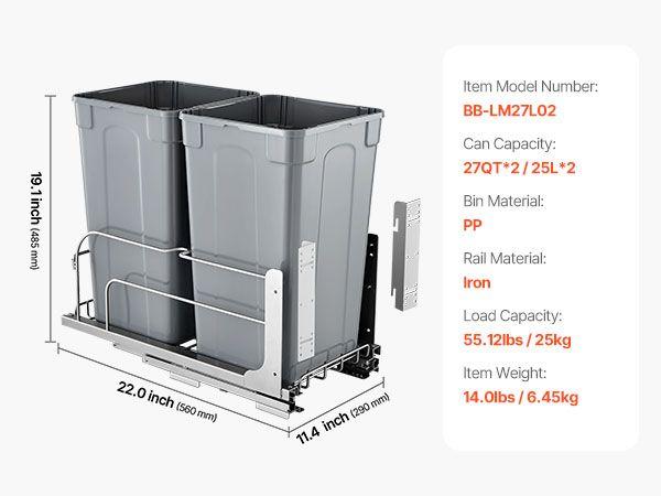 Double Pullout Waste Container Kitchen Trash Can with Soft Close Grey 27QTx2