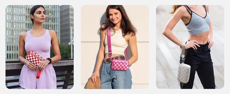 Wristlet wallets for women Nylon Quilted Wallet with 4 Zippers,Travel Credit Card,Holder Cell Phone Organizer, checkered belt bag