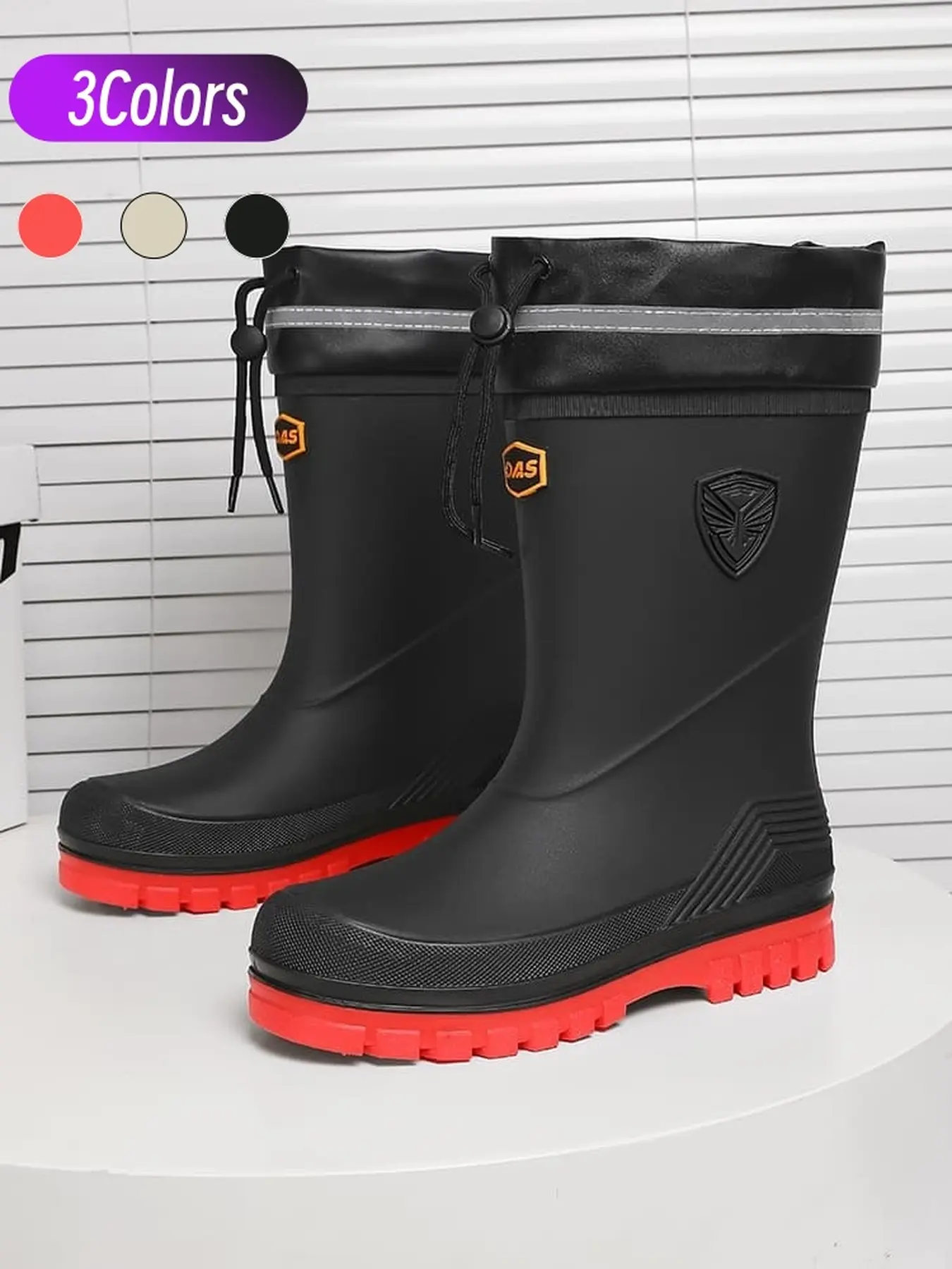 Men mid-calf outdoor waterproof rain boots, leakproof reflective cuff deep tread anti-slip thick sole for camping fishing rainy trips Walking Shoes