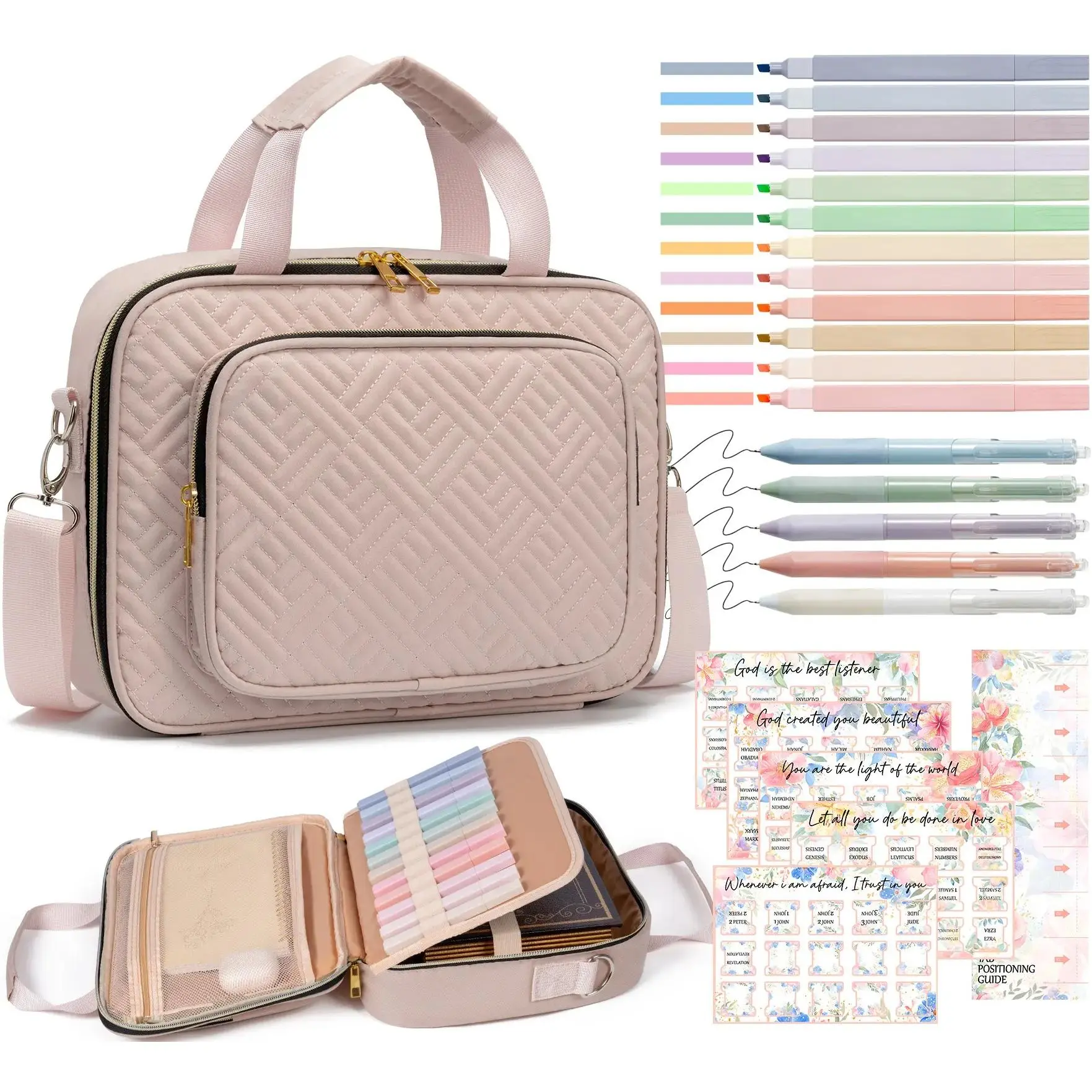 Cotton Quilted Geometric Bible-Planner Cover Case with Handle, Pen Slots, Mesh Pockets & Zipper, Dust-Proof Portable Desk Organizer Bag for Women’s Church Study