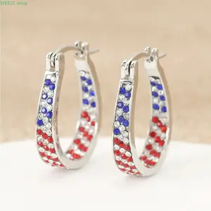 2026Women’s Independence Day Two‑Tone Red & Blue Hoop Earrings, Sparkling Rhinestone‑Inlaid Circle Ear Jewelry, Stylish Patriotic Accessories for Daily Casual Wear, Holiday Parties & National Festival Events