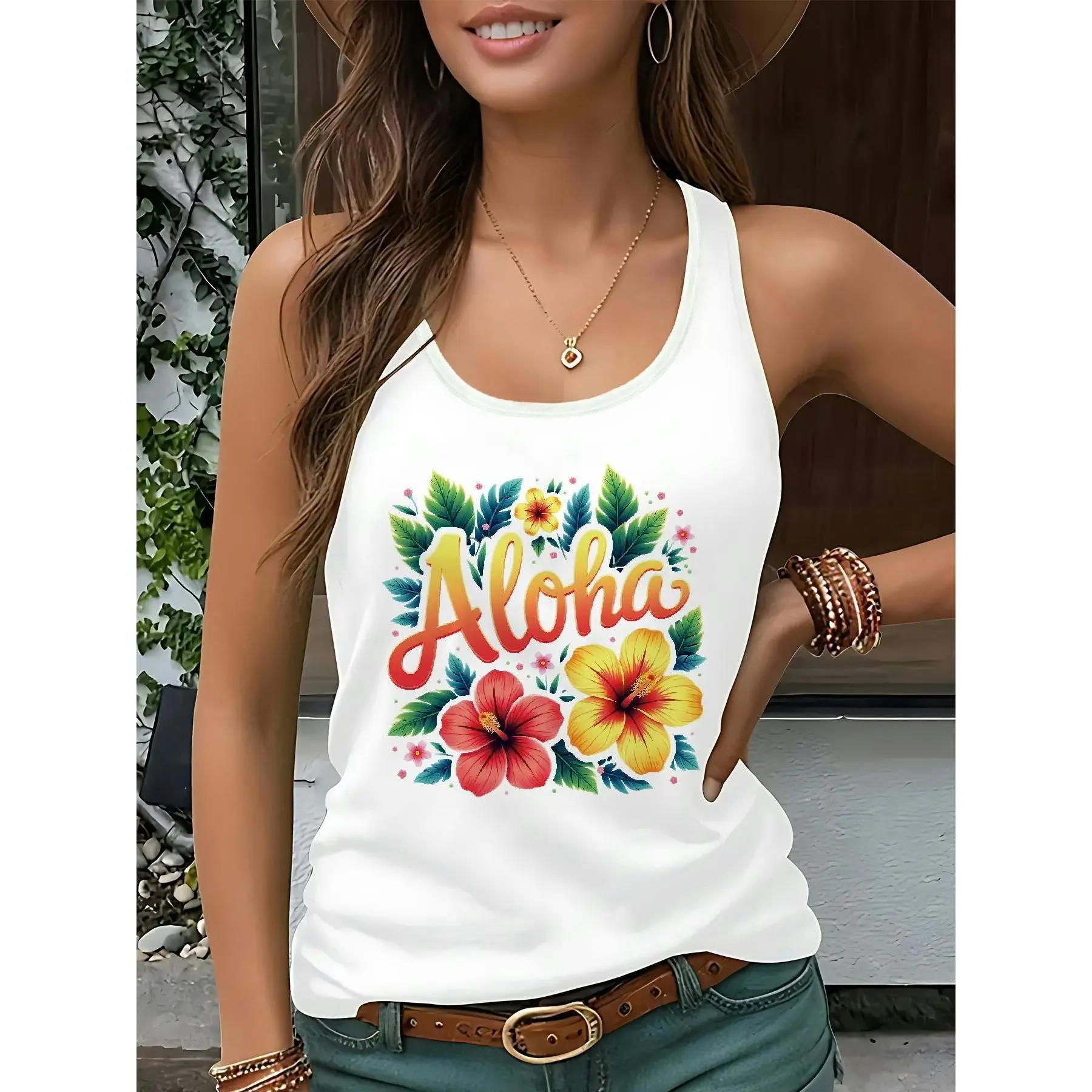 Women's Tropical Hibiscus Print Crew Neck Tank Top, Casual Lightweight Polyester Blend with Medium Stretch, Summer Tropical Clothing, Machine Wash