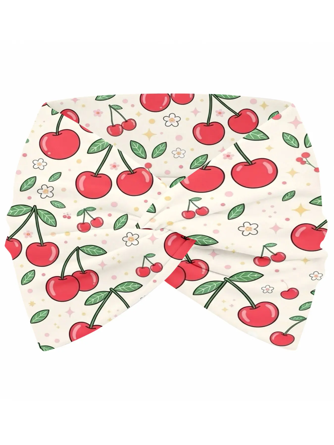 Cherry Theme Headband for Women – Glossy Red Fruit Clusters, Delicate White Blossoms & Flowing Green Stems on Soft Cream – Perfect for Picnic Dates, Retro Outfits, Summer Strolls, Café Meetups & Playful Vintage Style Looks