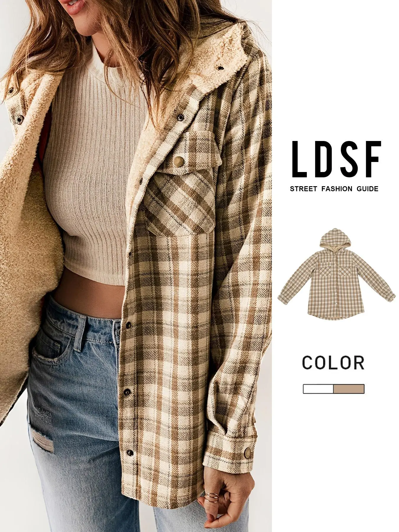 2026 Fall Winter Plaid Casual Jacket, Fall Jackets, Long Sleeve Fitted Button Front Coat, Women's Versatile Hooded Woolen Outerwear