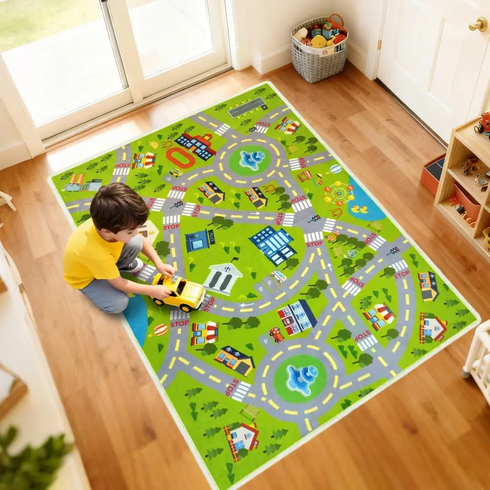 Carpet  Rug Play Mat,Non-Slip Road Rug,Play Learn and Have Fun Safely, Thick (0.6cm)  Carpet for Playroom,Bedroom,  Indoor Outdoor Use,Easy Clean(KR1,2.6*4ft)