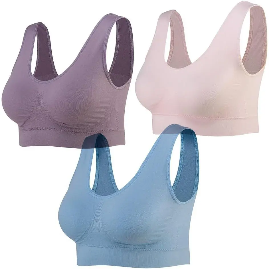 Female Seamless Wireless Sports Bras 3-Pack, Polyester Fabric with Removable Padding, Machine Washable for Yoga, Assorted Color Sets (3*Nude, 3*Black, Black&White&Nude)