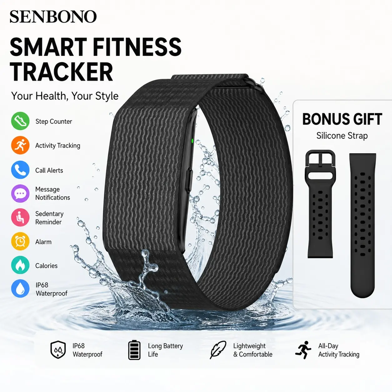 SENBONO Smart Bracelet Fitness Health Smart Watch, Running Cycling Swimming Yoga Strength Training, Stress Sleep Monitoring, Low Battery Alert, Find Device, Stable Connection