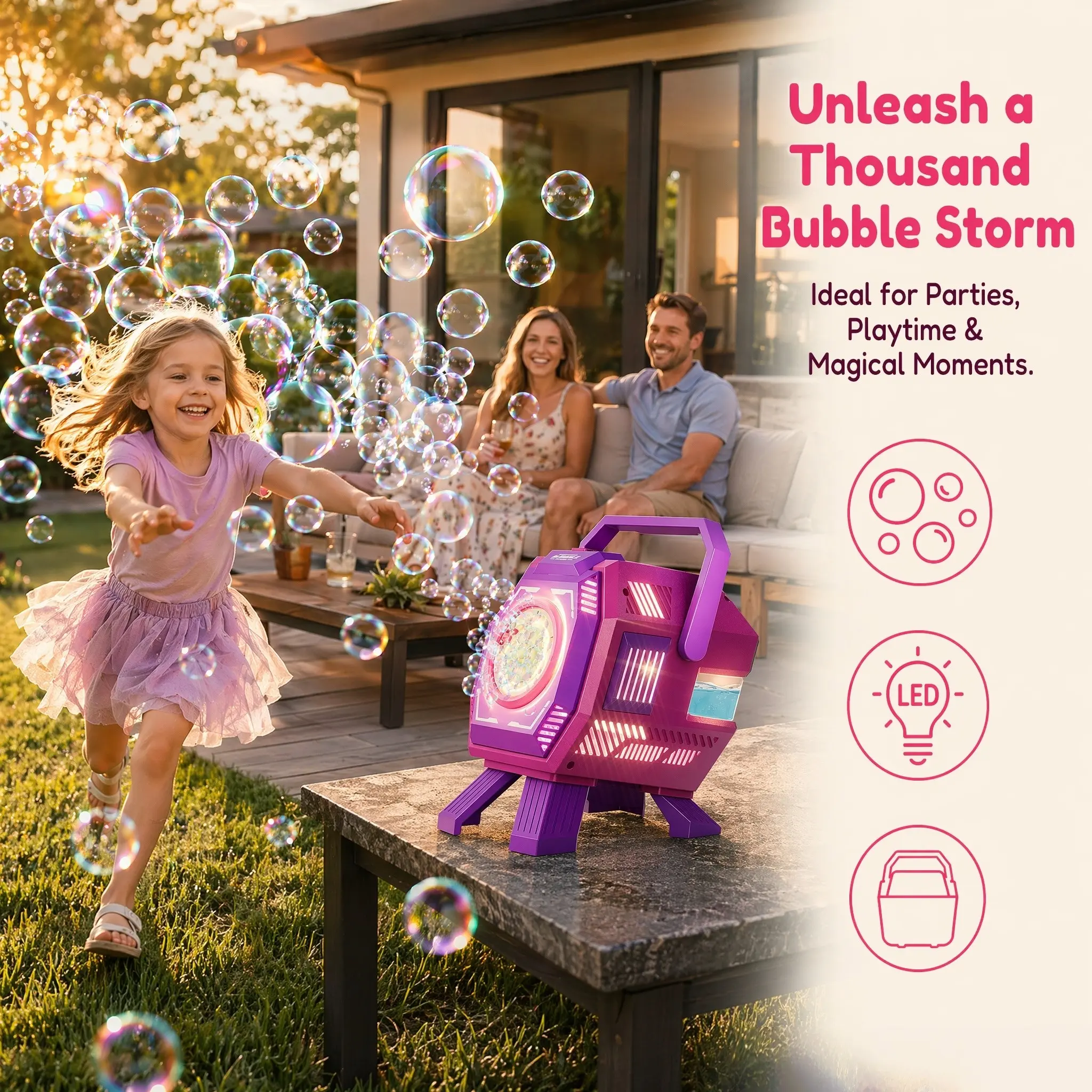 Automatic Bubble Machine for Kids, Unisex, Continuous Bubbling, RGB Lights, Includes Bubble Solution, Battery Operated, Perfect for Parties, Party Bubble Machine
