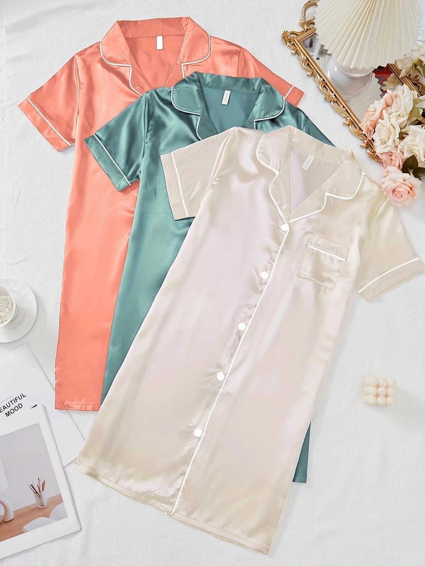 Women's Contrast Binding Button Front Satin Pyjama Dress, Soft Basic Casual Comfy Short Sleeve Lapel Neck Pocket Nightdress, Ladies Sleepwear for All Seasons, Lounge Pajama Style, Pajamas, Loungewear, Homewear