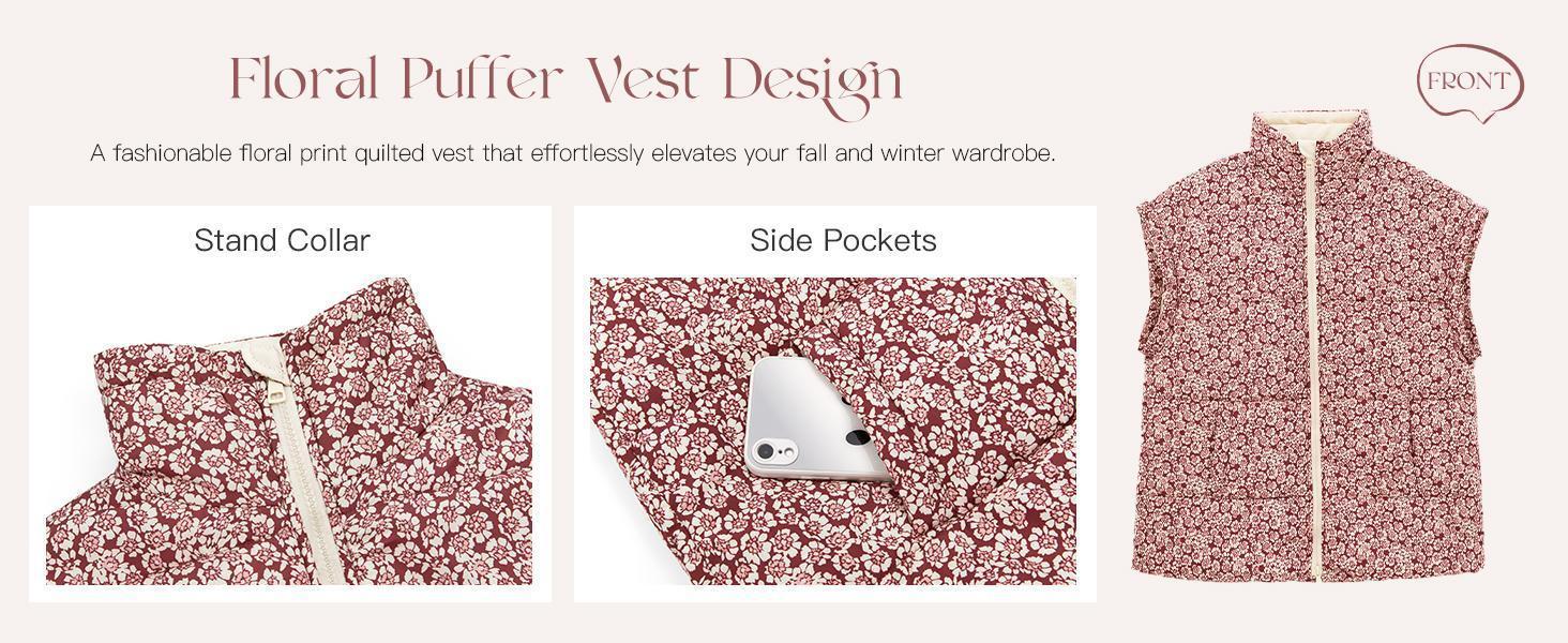 Imily Bela Womens Floral Oversized Puffer Vest Cap Sleeve Winter Warm Puffy lightweight Jackets Coat