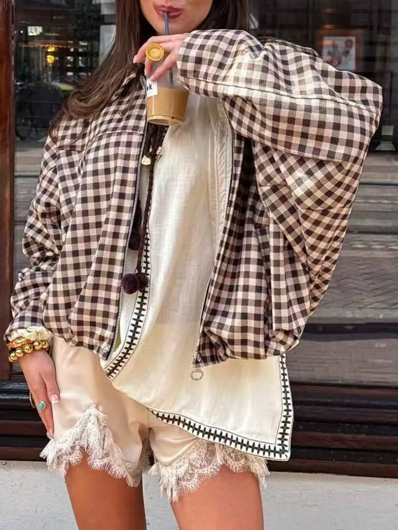 Women's Plaid Woven Fabric Zipper Casual Loose Jacket, Daily Wear Autumn Winter Outerwear, Comfortable and Stylish Design