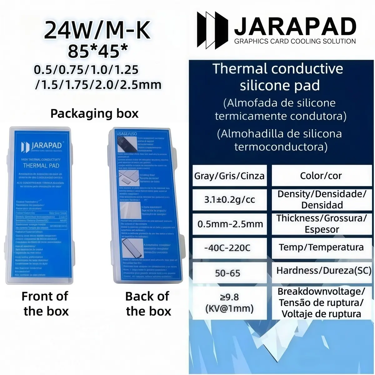 Jarapad 24w/m-K Silicone Thermal Pad, 85x45mm, 0.5-2.5mm, High Conductivity, Suitable for Gpu, SSD, Cpu, Gaming PC