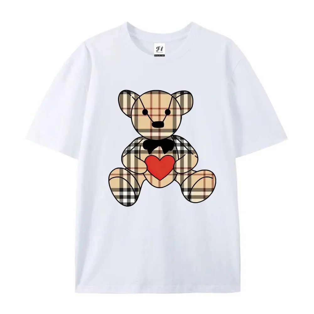 Women's Cute Crew-Neck T-Shirt, Checkered Bear With Heart Print, Casual Tops, Women's Clothes, Tshirt