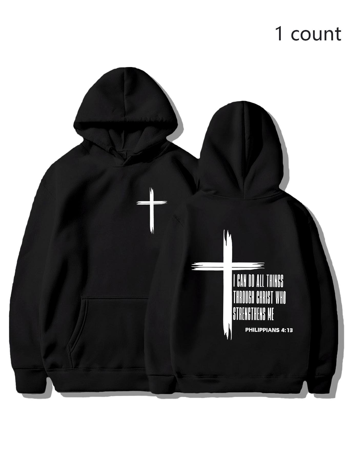 Christian Cross Hoodie, Philippians 4:13 Bible Verse Sweatshirt, Unisex Design Faith Inspiring Fitted Pullover Jacket, Casual Fall & Winter Wear