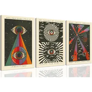 Framed Retro Hippie Wall Art Set of 3, Meditation Psyche Delic Eyes Canvas Art Boho 70's Teen Wall Decor Inspirational Quote Painting Pictures Printsfor Bedroom Living Room12x16in