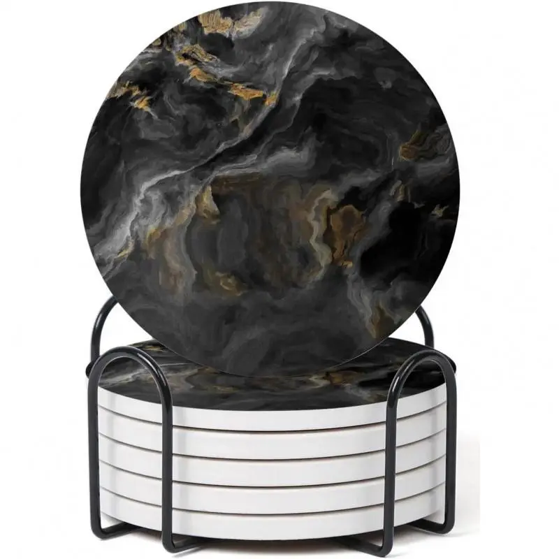 Ceramic Coaster Set - 6-Piece Modern Round Abstract Black Marble Coffee Coasters with Holder (Keeps Tidy), 4" Diameter Absorbent Cork Table Guard, Housewarming Gifts