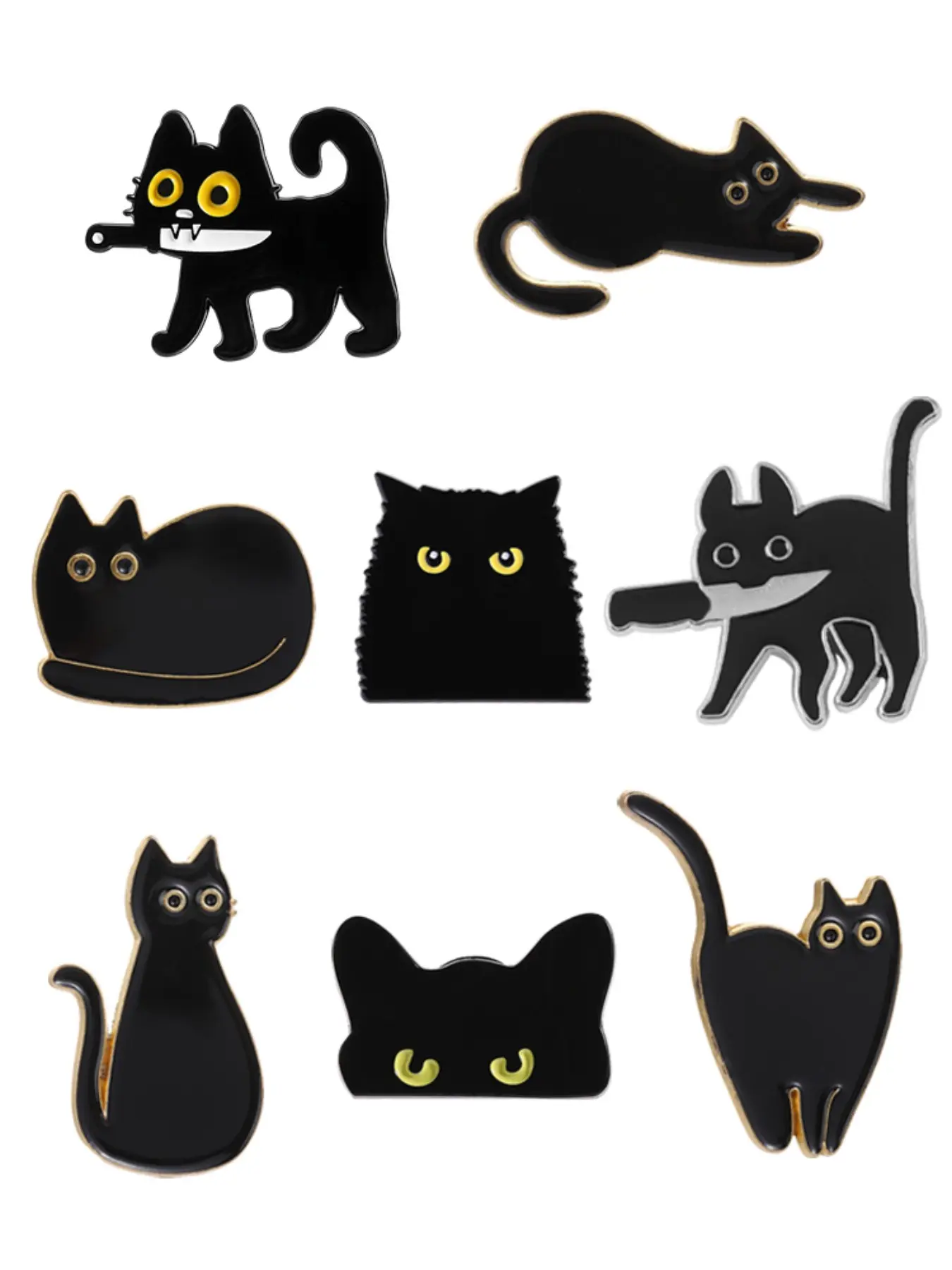 8-Piece Set Cute Large Eye Cat Enamel Pins Cartoon Animal Alloy Brooches Lapel Backpack Clothing Decor Badge Fashion Jewelry Accessories Gifts for Friends