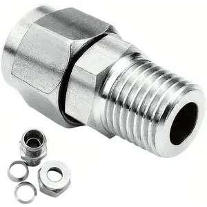 304 Stainless Steel Compression Fitting Ferrule, 1/8" Tube OD x 1/4" NPT Male, Straight Adapter Connect with Double Ferrules