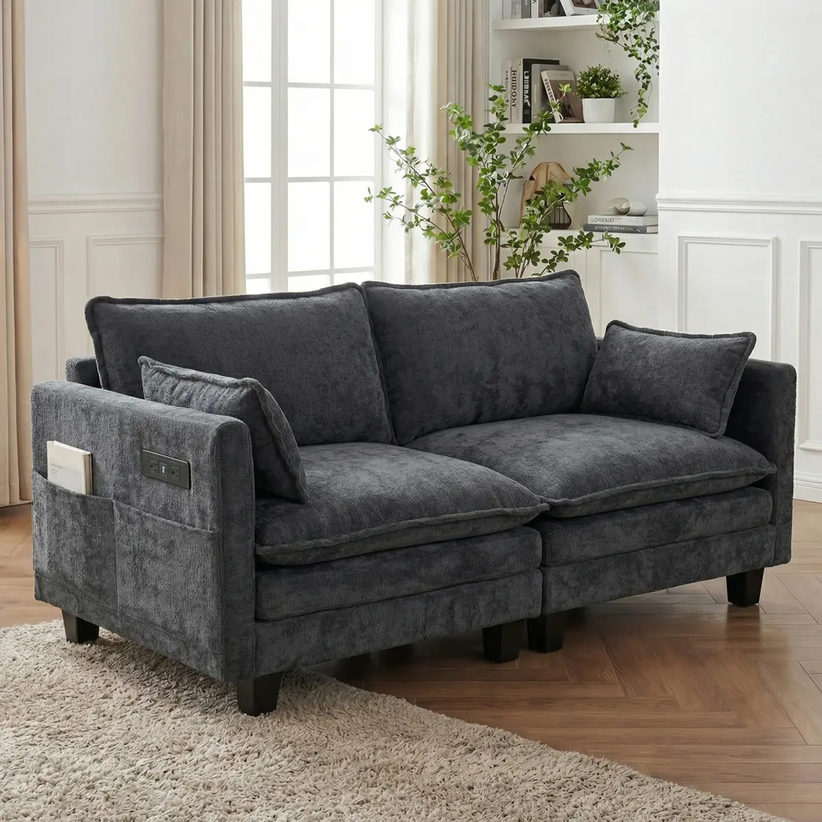 75" Modern Chenille Upholstered Sturdy 2-Seater Modular Loveseat Sofa - Cloud Cushions, Deep Seat, USB Ports, Side Pockets, 74.80 x 27.56 x 33.86 inches, 83.78 lbs - Black Furniture Living Room Office Couch for Apartment