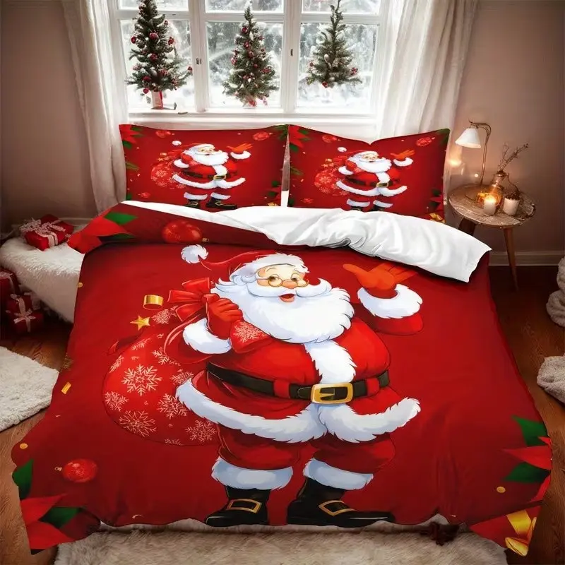 3-Piece Christmas Bedding Set, Soft and Comfortable, Includes 1 Duvet Cover + 2 Pillowcases, Santa Print Design, Perfect for Bedroom and Guest Room