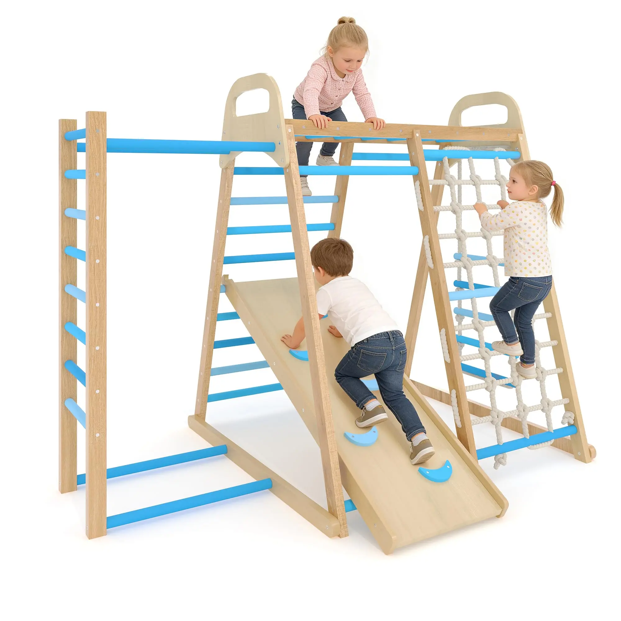 Kids 3-14 Wooden Climbing Frame – 7-in-1 Foldable Indoor Jungle Gym with Slide, Arch & Animal Print – Sturdy 48 lbs Playground! ✨