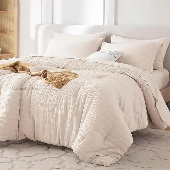 7 Pieces Queen Comforter Set, Seersucker Bed in a Bag Queen Size, All Season Luxury Bedding Set with Comforter, Flat Sheet, Fitted Sheet, Pillowcases & Shams, BeigeAA47HomeFixMart