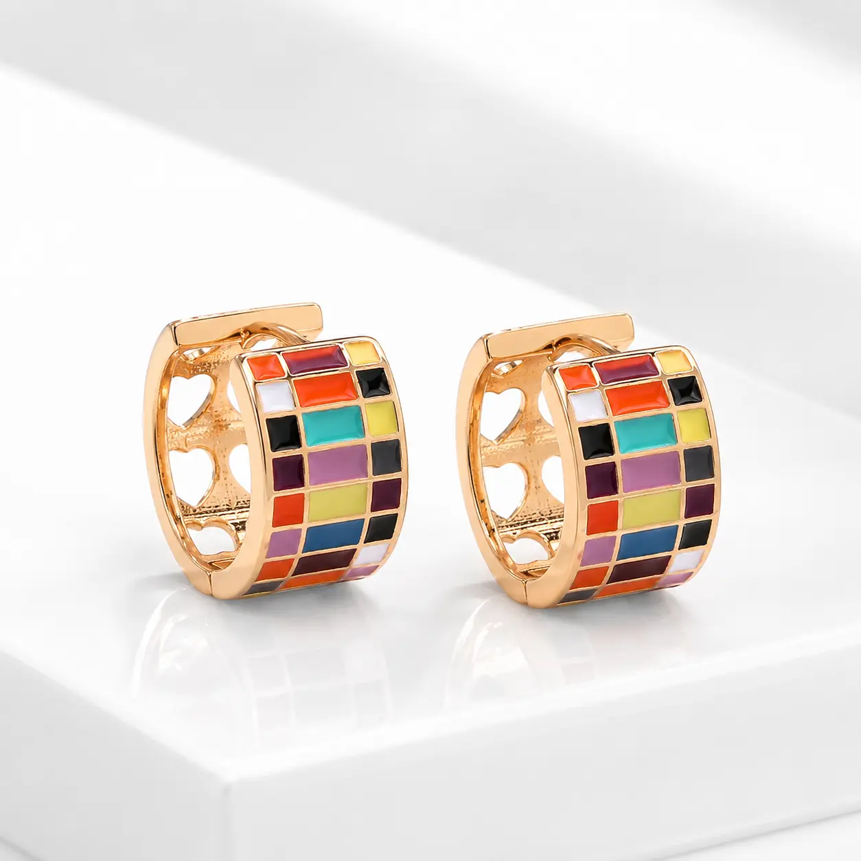 Women's Multicolor Checkered Plaid Chunky Jewelry  Hoops - Small Copper Color-Block, Heart Cuts, Geometric Look, Everyday Use Statement Earrings, Hinge Clasp, Birthday, Anniversary,  Hoop Earrings, 1.0 Cm Width, Huggie Hoop Earrings