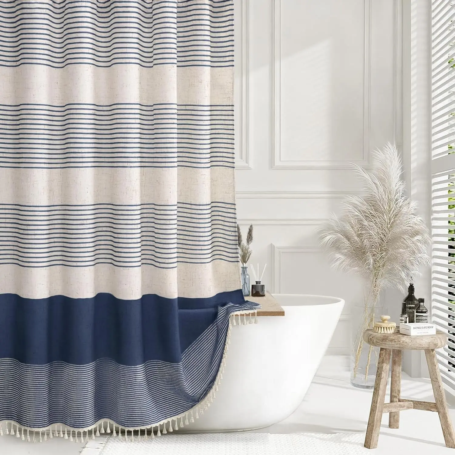 Navy Blue Linen Coastal Striped Shower Curtain with Tassels, Standard Size 72x72 in, Fits Bathrooms