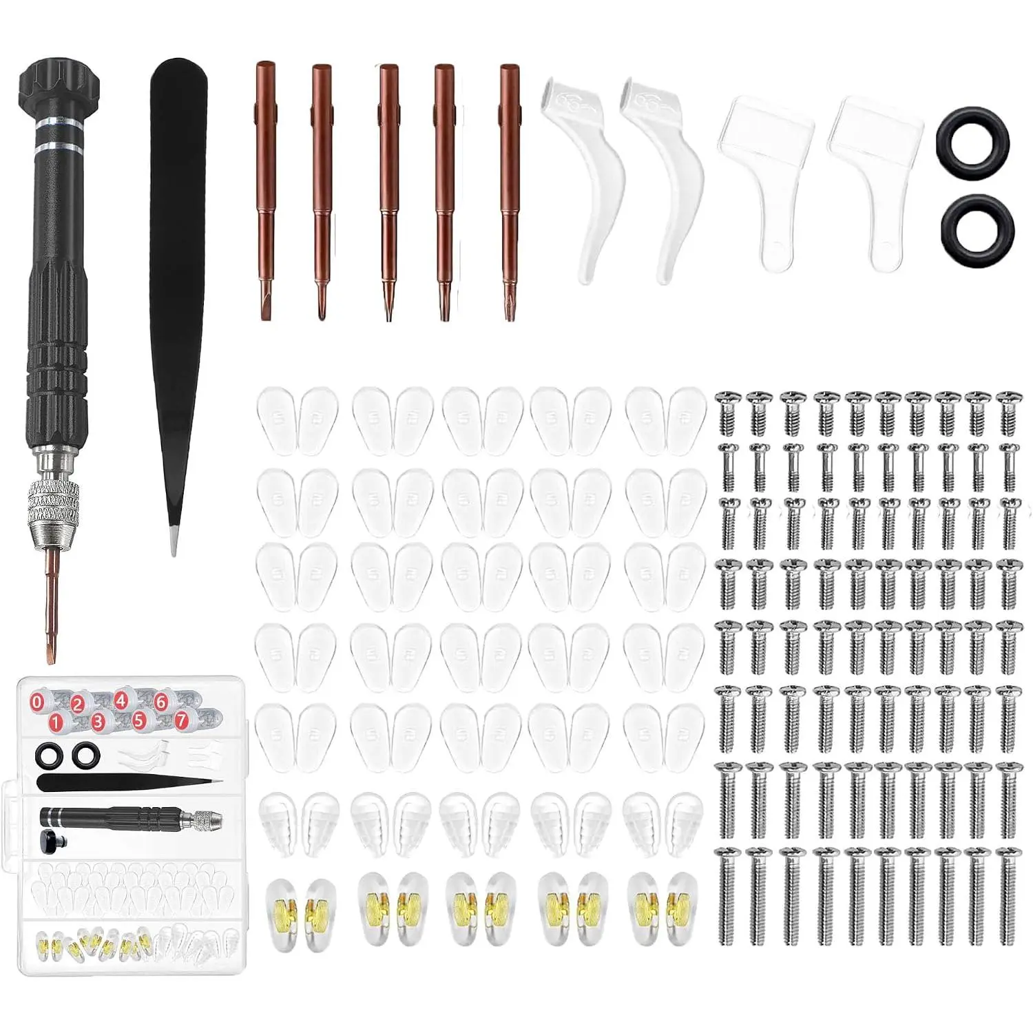 Eyeglass Repair Kit with Screws,   and Nose Pad | Full Box Packaging, Five-in- , 8 Types of Rust-proof Screws, Nose Pads, Ear Hooks for Fixing Glasses