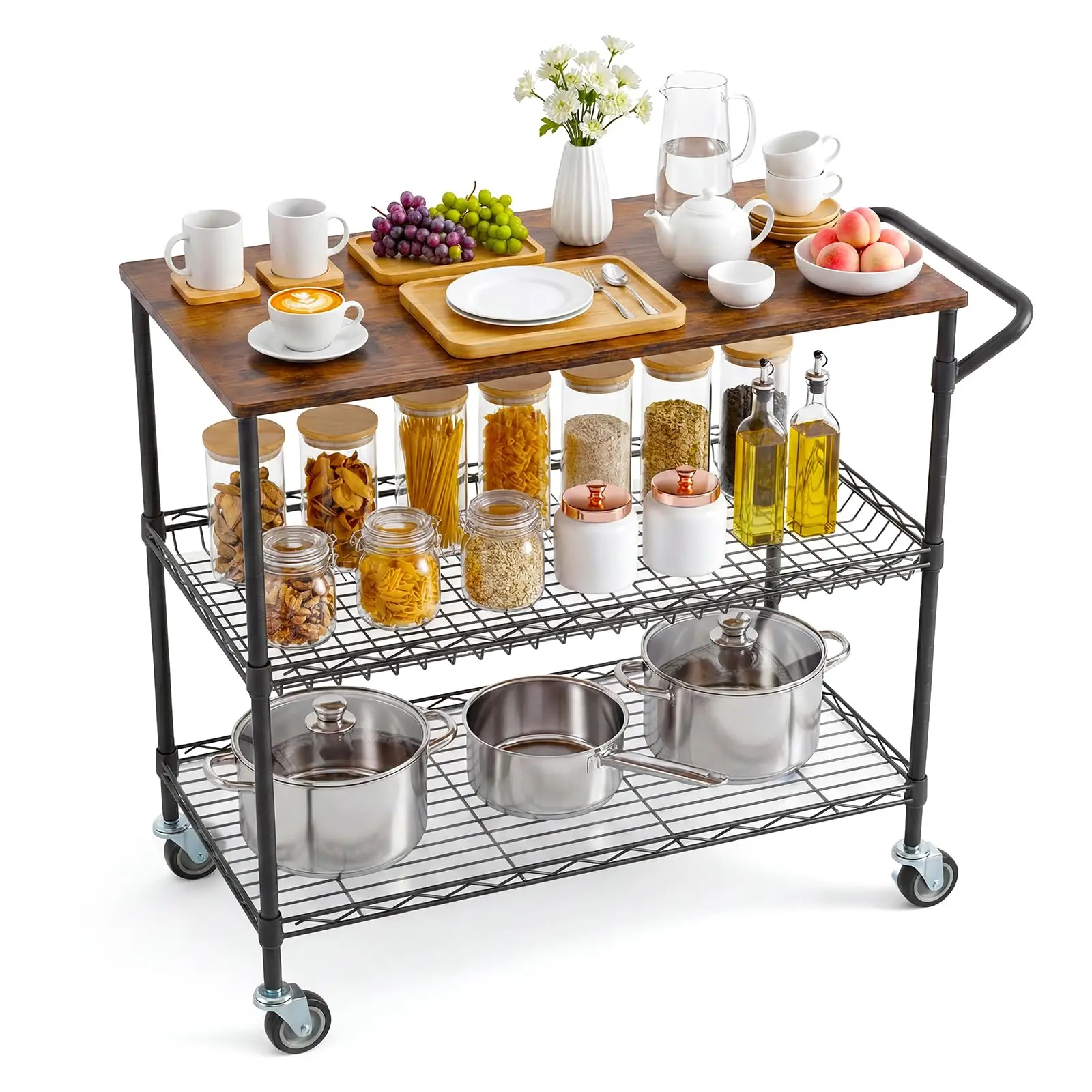 Rolling Kitchen Cart with Wheels, 3 Tier Serving Cart, Black