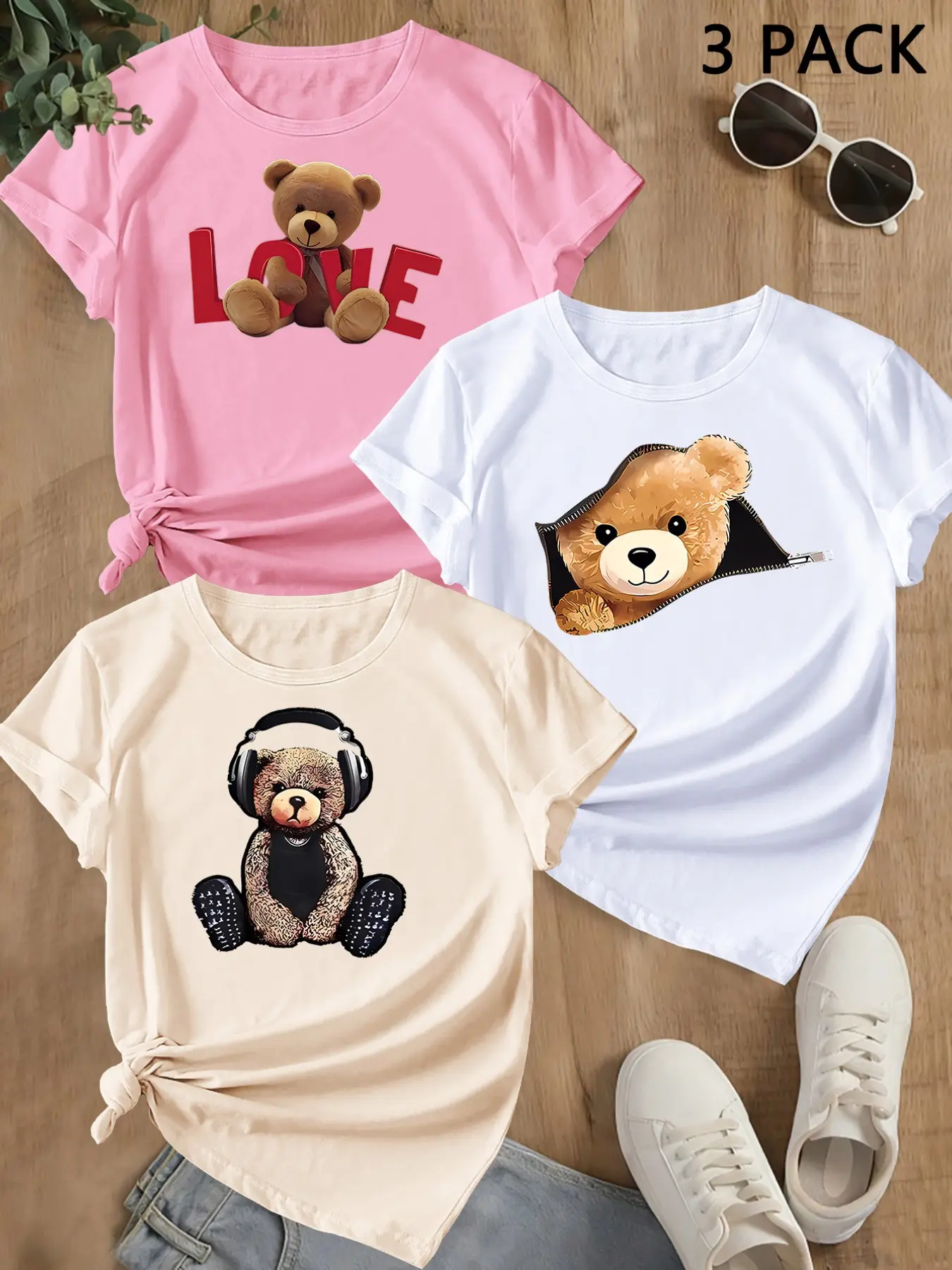 Summer Trendy Short Sleeve T-Shirt, Bear Print Sporty Style, Women's Casual Loose-Fit Round Neck, Comfortable for Outdoor Activities
