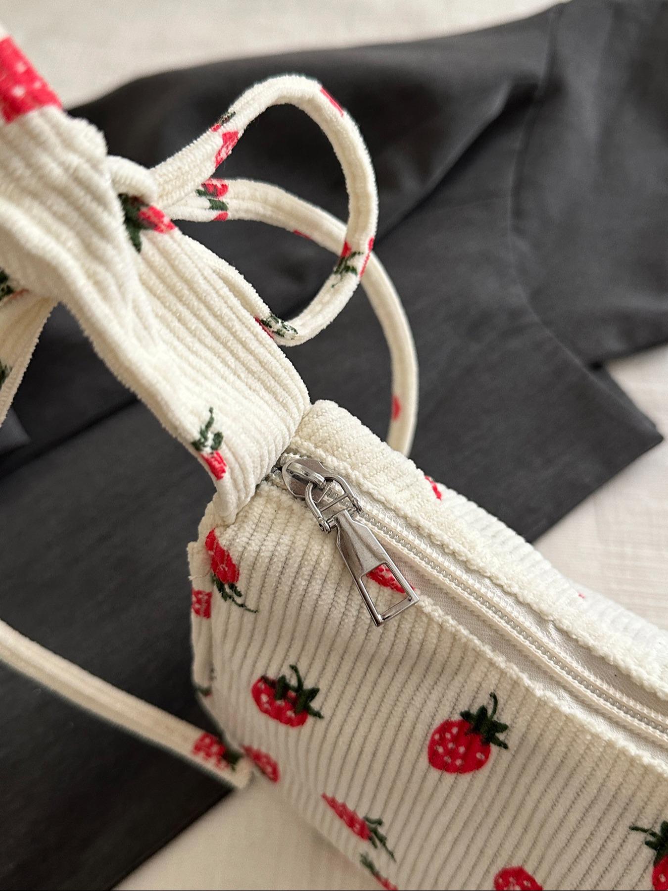 Cute Strawberry Print Underarm Bag, Drawstring Design, Soft Casual Fruit Pattern Shoulder Clutch, Versatile Handbag for Women