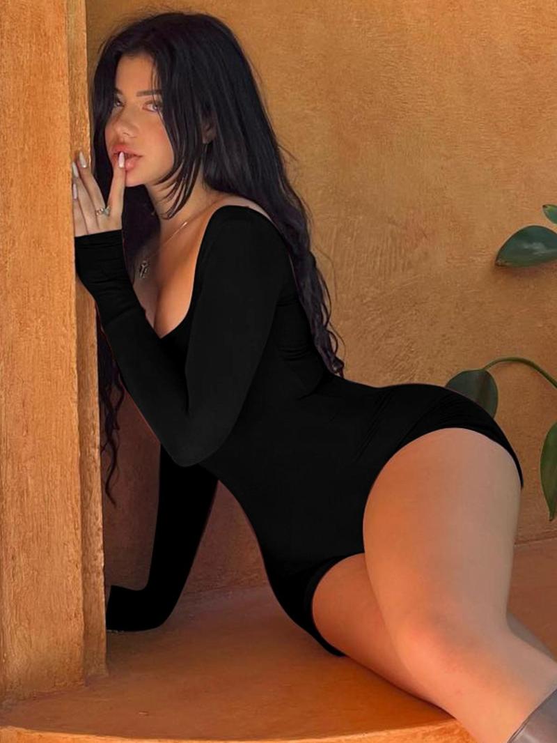 Women's Solid Cut Out Lace Up Romper, Casual Scoop Neck Long Sleeve Skinny Fitted Jumpsuit, Women's Clothes for Spring & Fall Valentine's Day, gift