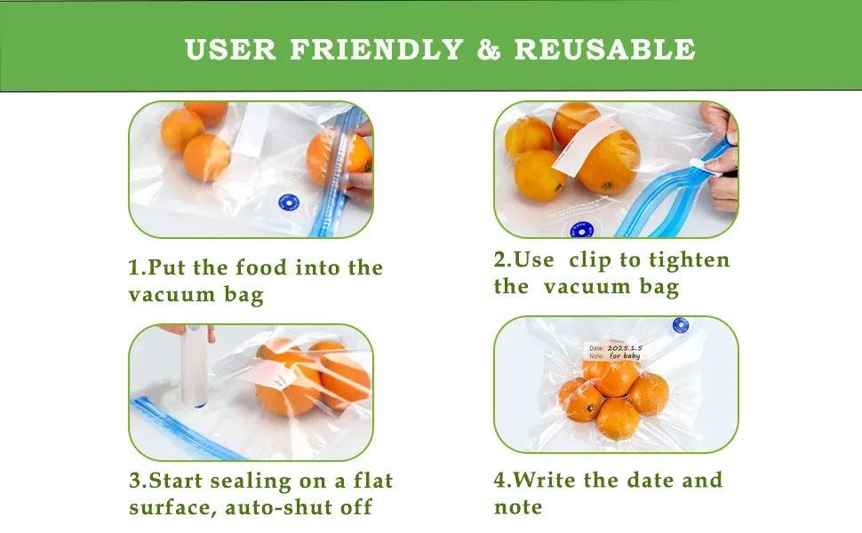 THE WELL KEPT Vacuum Sealer for Food Preservation and Storage,Mini Sealer with 5 Reusable Vacuum Bags,Portable & Rechargeable, Easy to Operate with One Hand